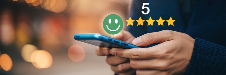Person holding smartphone displaying positive customer review.