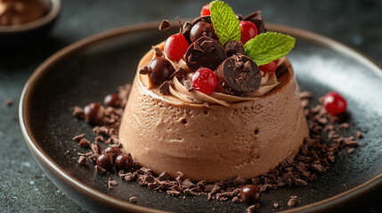 Bright and airy shot of tropical mousse with artistic chocolate decoration and flowers, positioned low with ample space above 