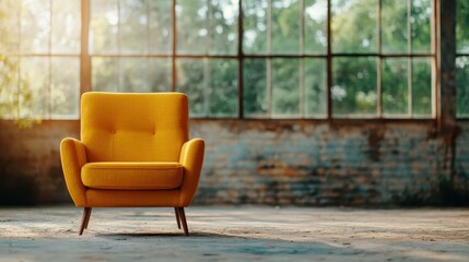 A bright yellow chair stands solo in a sunlit room, creating a striking visual impression while evoking feelings of warmth, comfort, and modern artistry in interior design.