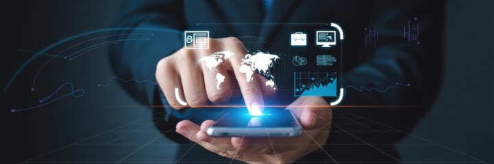 Person using a smartphone with interactive digital interface.