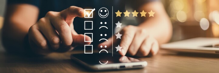 Person interacting with a digital feedback form on a mobile device.