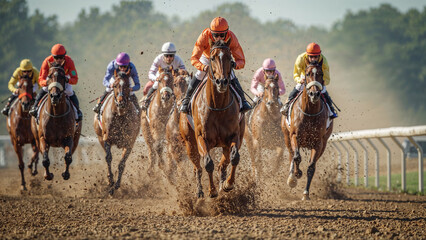 Horse racing action with jockeys on a dirt track