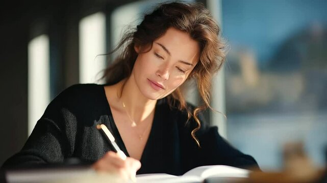 Young woman signing a plea agreement in natural light