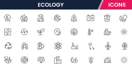 Vector illustration web line icon collection for ecology: nature, sustainability, renewable energy, and green living symbols in a clean, modern, eco-friendly style.