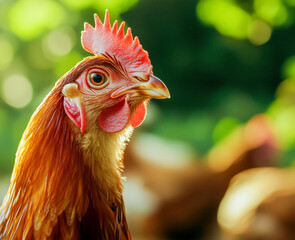 Isa Brown chicken on green background. Poultry background.