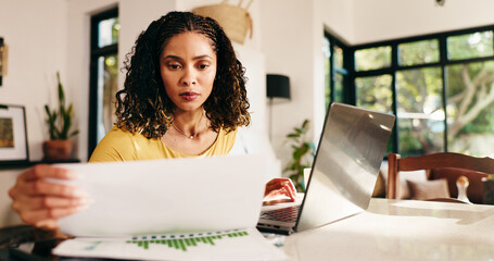 Woman, finance and paperwork with laptop for budget planning, review or analysis at home. Female...