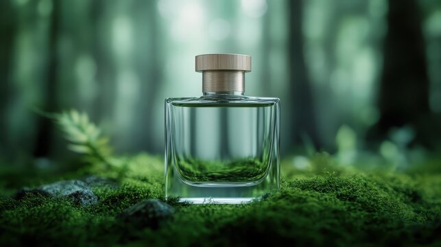A beautifully crafted perfume bottle rests among vibrant greenery, symbolizing freshness and luxury, inviting the viewer to experience its scent and elegance.