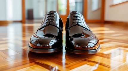 A striking image of polished black dress shoes placed prominently on a beautiful floor, symbolizing sophistication, elegance, and timeless fashion in personal style.