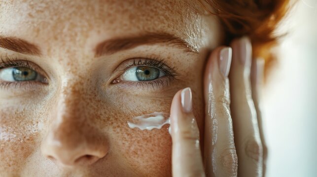 A close-up of a woman with freckles applying cream to her face, highlighting self-care and beauty routines as essential parts of daily life and personal health. - Powered by Adobe