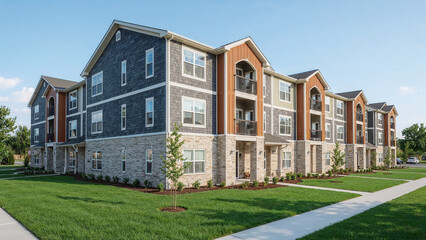 Modern apartment complex exterior on a sunny day