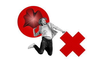 Sketch template design 3D photo collage composite of young man emotion face jump hand hold cross...