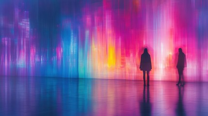 People contemplating vibrant light installation at art exhibition with colorful background