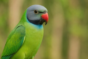 Vibrant Green Parrot with Blue and Red Accents in Natural Habitat