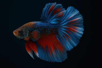 Colorful betta fish with vibrant fins swimming gracefully against a dark background in an aquarium setting