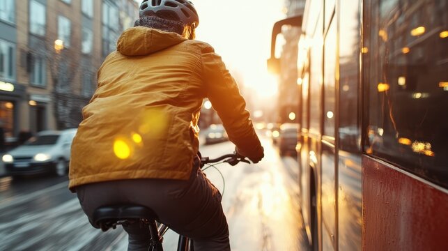 A cyclist maneuvers through a bustling city street during a stunning sunset, embodying the spirit of adventure and urban lifestyle in a vibrant setting.