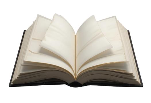 Open hardcover book with curled pages, floating style, shadow underlay
