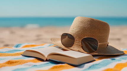 Beach hat and sunglasses resting on a striped towel with a book, set against a serene ocean backdrop