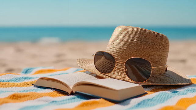Beach hat and sunglasses resting on a striped towel with a book, set against a serene ocean backdrop - Powered by Adobe