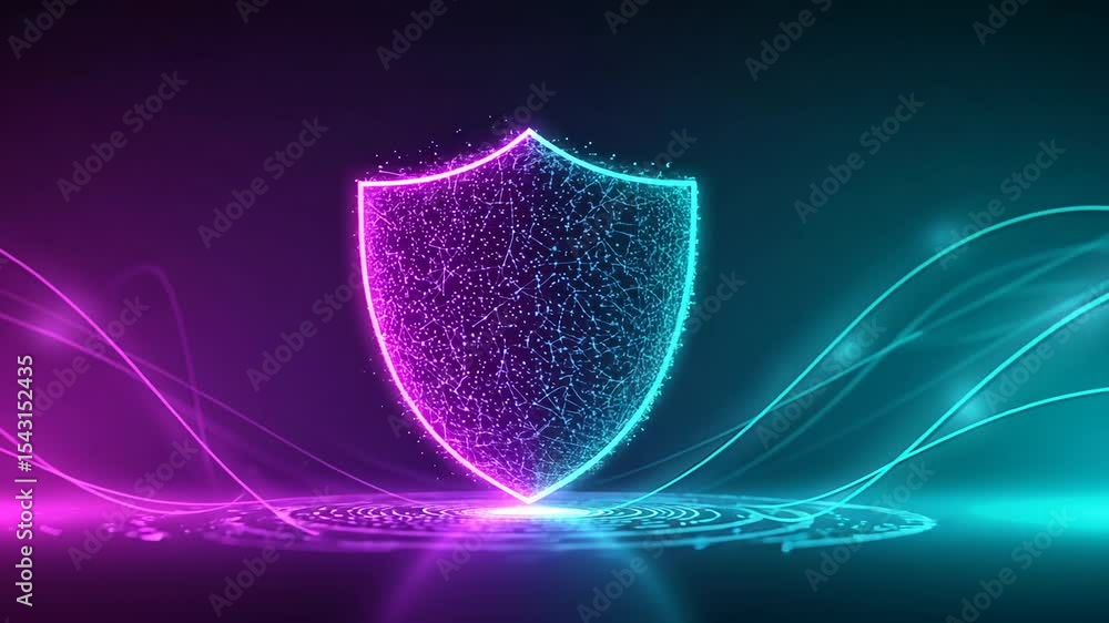 Poster abstract digital shield with glowing particles in neon purple and cyan waves representing cybersecur