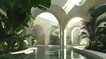 Elegant courtyard with arches, lush tropical plants, and serene reflective water.