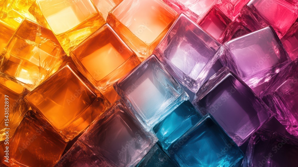 Poster vibrant gradient color display of multi colored glass cubes in close up abstract arrangement