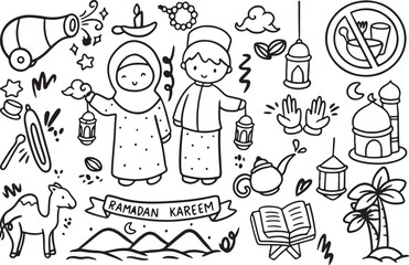 Ramadan Kareem Doodle, Islamic Culture, Fasting, Lantern, Prayer, Mosque, Eid Elements, Vector