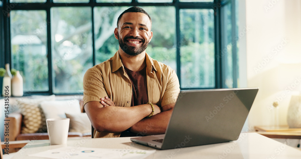 Poster crossed arms, laptop and portrait of man in home with remote work for finance proposal with client. 