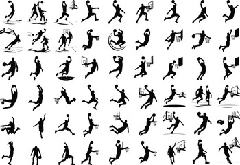 Fototapeta premium Dunk Shot Basketball Icon Silhouette – Sports Energy Vector Pack Basketball Player Dunking Silhouette Set – High Jump Action Icons