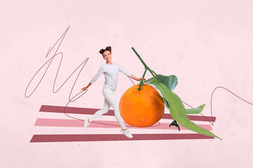 Trend creative collage of person stand run near tangerine on pink background