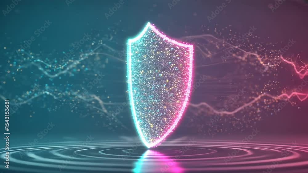 Poster glowing shield symbolizing cybersecurity with neon accents and data streams in a digital landscape