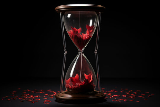 Red hourglass with butterfly on dark surface