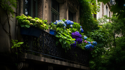 Fototapeta premium A Parisian balcony covered with vibrant hydrangea planters.