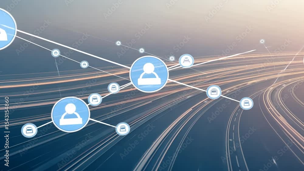 Poster abstract network connection with light streaks and person icons on blue background highlighting digi