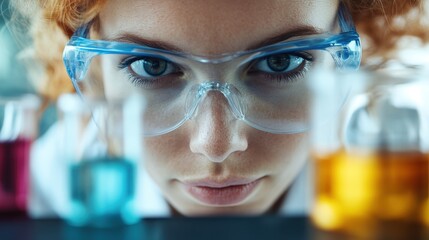 An intense portrait of a focused scientist wearing protective goggles, deeply analyzing colorful liquid samples in a laboratory, embodying the spirit of discovery and scientific innovation.
