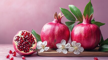 Fresh Pomegranates Arrangement with Blossom Flowers on Pink Backdrop Still Life Fine Art Food Still Life Composition and Dramatic Studio Lighting