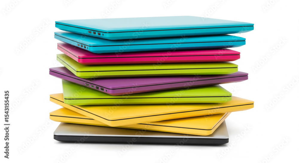 Poster stack of colorful laptops with bright hues creates a playful and modern technology display.