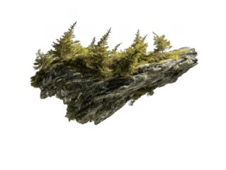 Floating rock island with evergreen trees isolated on transparent background