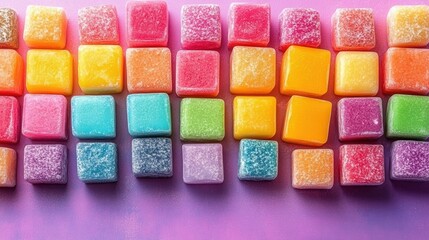 Colorful gummy candy collection array on purple background providing bright delicious treat sweets arrangement perfect for vibrant dessert and fun designs