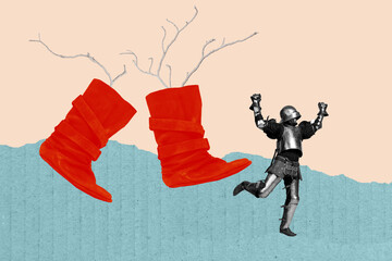 Creative pop poster sketch art collage of anonym man warrior run field tree branch peek boots...