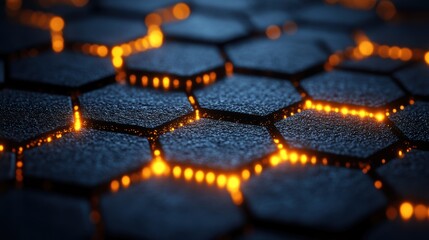 Dark hexagonal shapes abstract geometric wallpaper with glowing orange lines for modern technology background