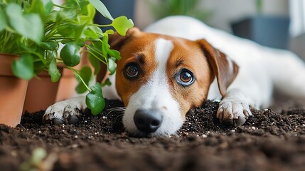 Plant soil on the floor and sad dog looking at camera