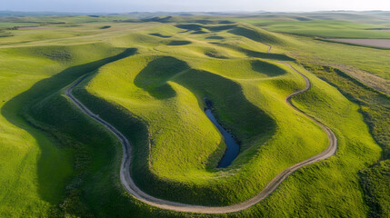 Aerial view of rolling green hills with winding paths and a small stream, illustrating natural beauty and serene landscapes