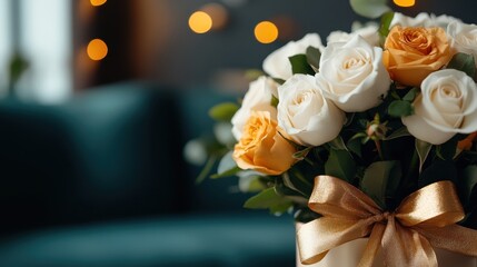 A beautifully arranged bouquet of white and orange roses, adorned with a soft ribbon, showcasing a vibrant and festive atmosphere suitable for special occasions.