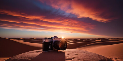 A camera resting on a rock in a vast desert at sunset