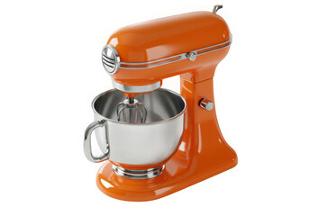Bright orange stand mixer isolated on a transparent background, gleaming metal bowl and attachment.