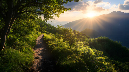 Obraz premium A remote mountain trail winding through a sunlit forest, leading to a stunning panoramic viewpoint.