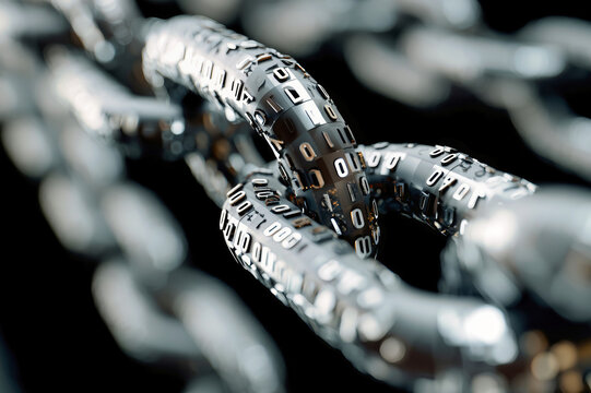 Close-up view of a sleek cyber chain displaying binary code in a digital and futuristic style