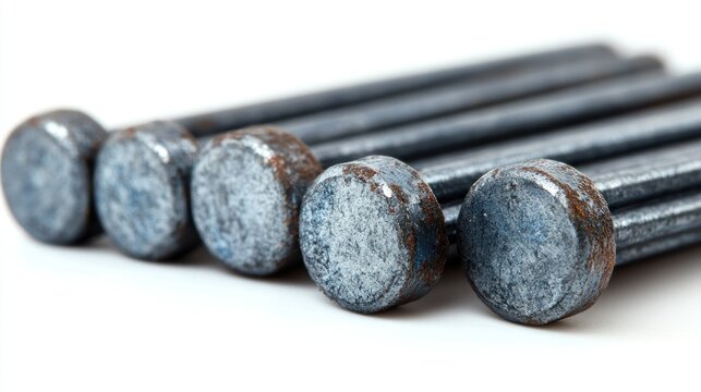 Close-up of several gray, slightly rusty, round-headed nails