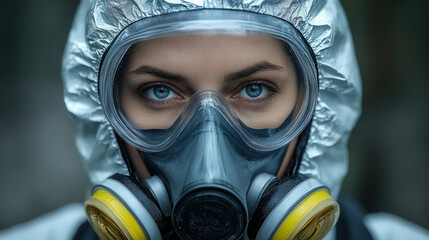 First responder in full protective gear standing alert, ready for emergency action, intense and focused