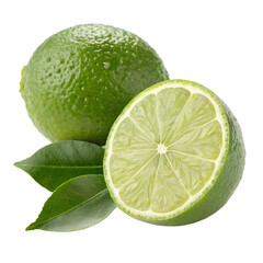 One whole lime and one lime cut in half, revealing its juicy green interior and segments. A couple of green lime leaves are also present, adding a fresh and natural element to the composition.